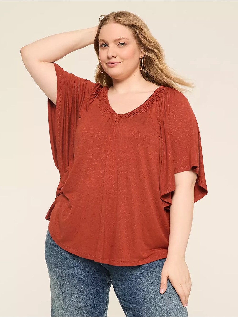 LANE BRYANT Dolman Sleeve Shirred V-Neck Top Burt Henna 22/24W